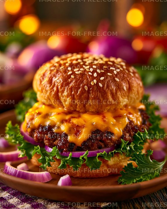 Juicy cheeseburger with sesame seed bun and fresh toppings