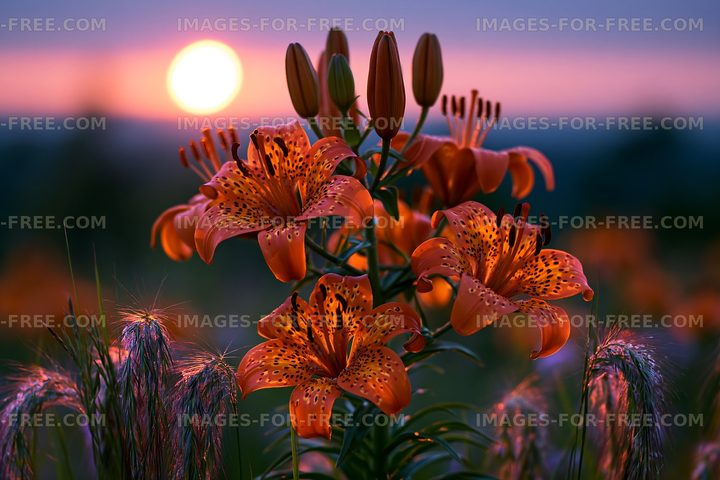 Sunset over a field with orange flowers and grass