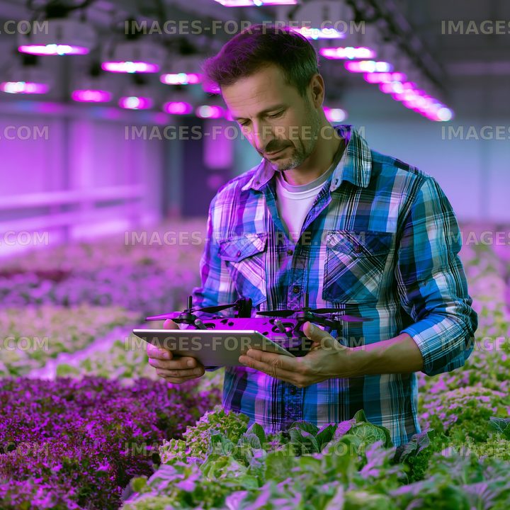 Man using a tablet to monitor plants in a greenhouse