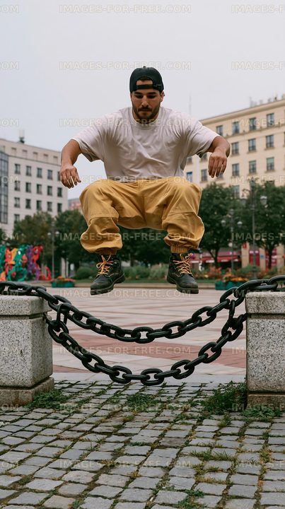 Man jumping over a chain in a city park during the day