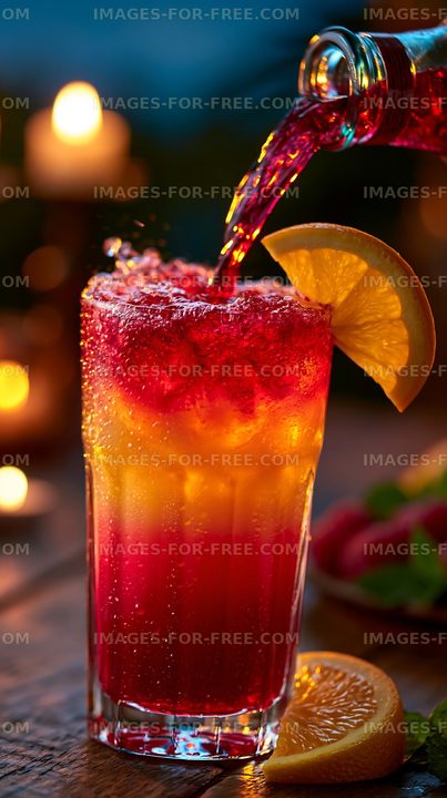 Colorful drink being poured into a glass with fruit garnish