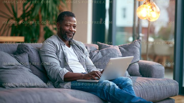 Man working on laptop while sitting on a couch in a modern living room