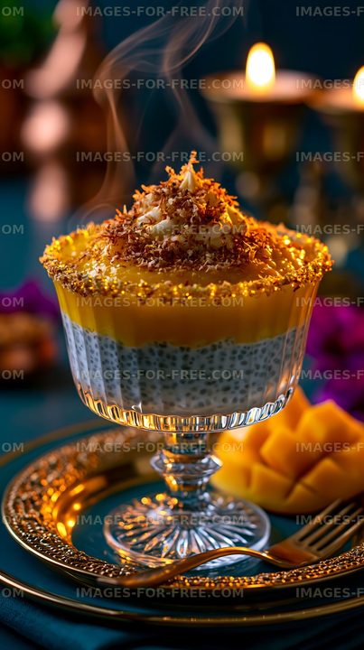 Mango dessert served in a glass bowl with chia seeds and coconut