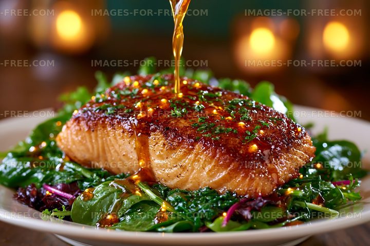 Salmon dish with greens and sauce served on a plate
