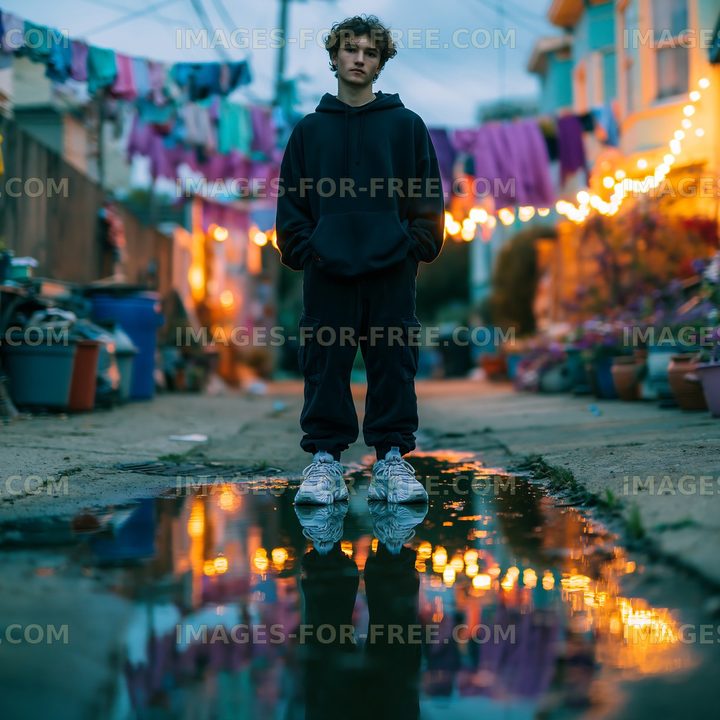 Young man standing in alley with puddle and colorful clotheslines