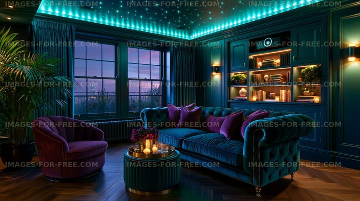 Elegant living room with modern decor and ambient lighting