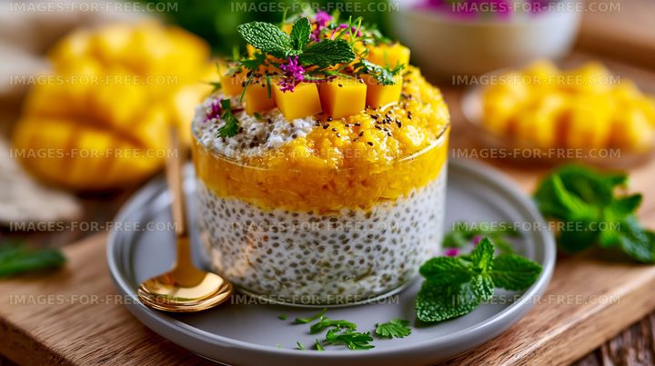 Chia seed pudding topped with mango and mint on a plate