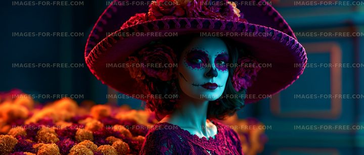 Woman in traditional dress poses by a floral display