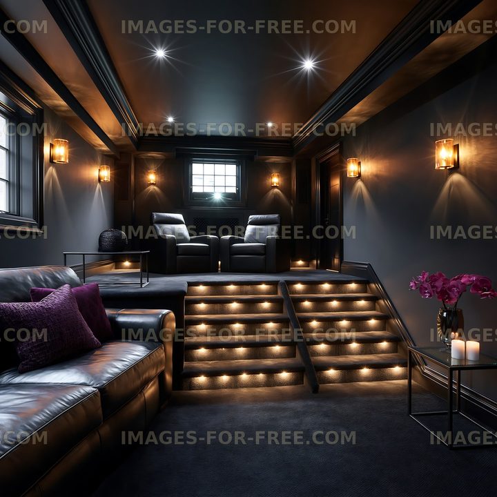 Home theater room with recliners and dim lighting