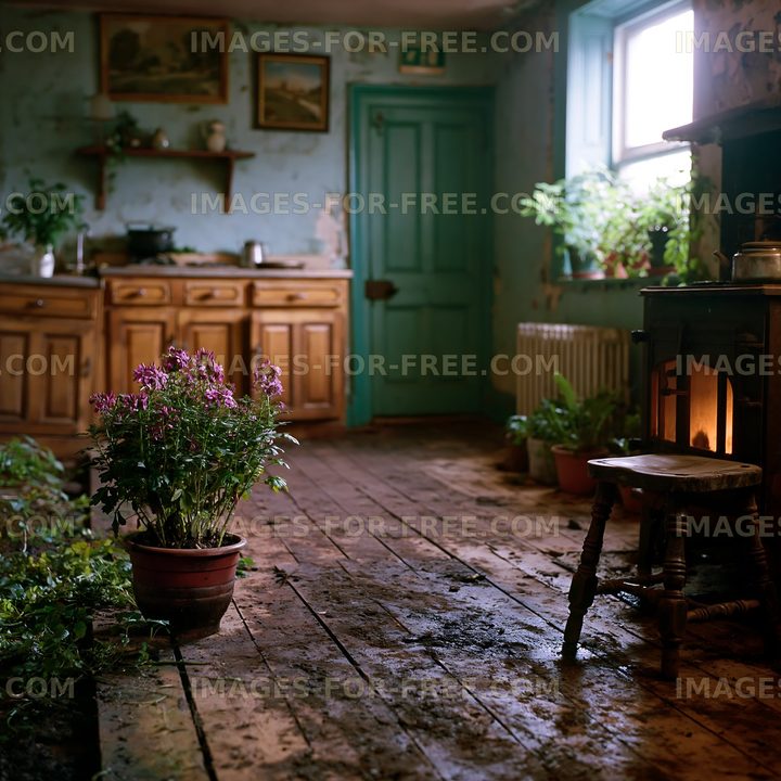 Old kitchen with wooden furniture and plants in a rustic room