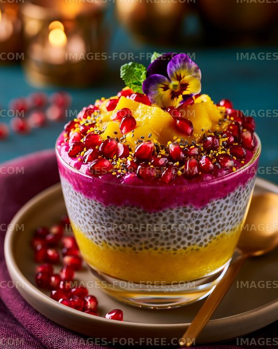 Colorful dessert cup with fruits and seeds on a table