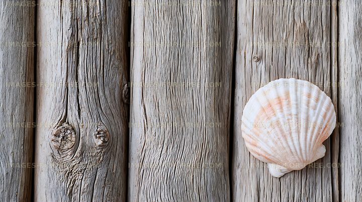 Scallop shell on weathered wooden surface