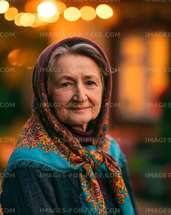 Elderly woman in traditional attire with colorful scarf outdoors