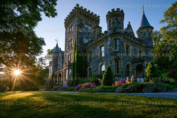 Sunlight shining on a historic stone castle during sunset
