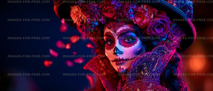 Woman in colorful costume with face paint and flowers