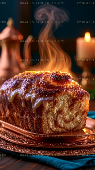 Freshly baked cinnamon roll loaf on a wooden table