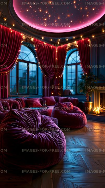 Cozy living room with bean bags and warm lighting at dusk