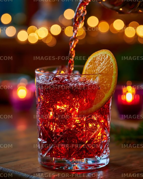Pouring a red drink into a glass with an orange slice