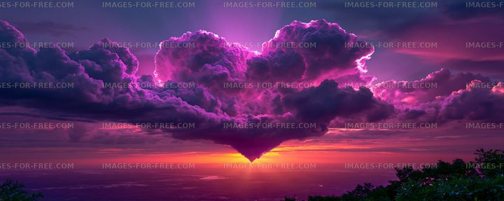 Colorful clouds form heart shape at sunset over landscape