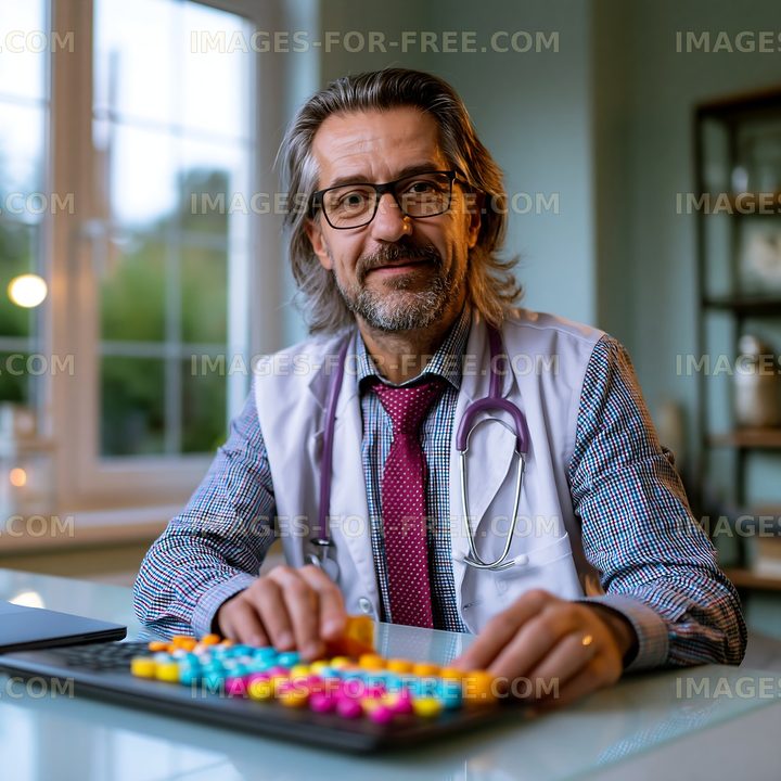Doctor sitting at a desk with a colorful calculator and a stethoscope