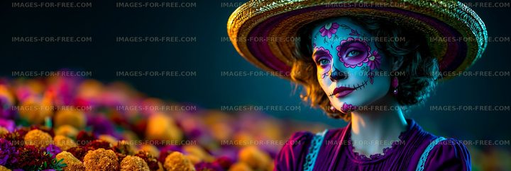 Woman with sugar skull makeup and large straw hat at a festival