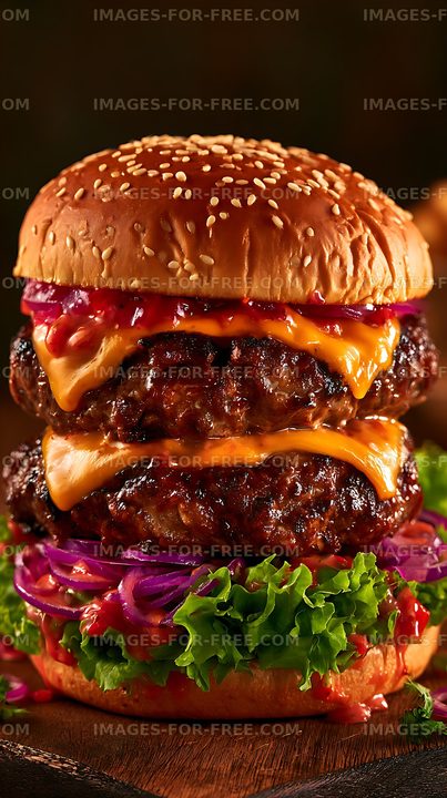 Double cheeseburger with lettuce and red onions on a wooden table