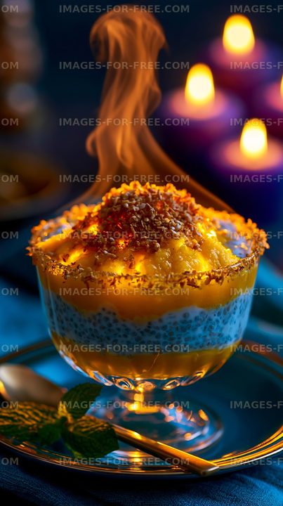 Sweet dessert topped with flames served in a glass bowl