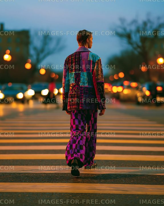 Person walking across a crosswalk in colorful outfit during dusk