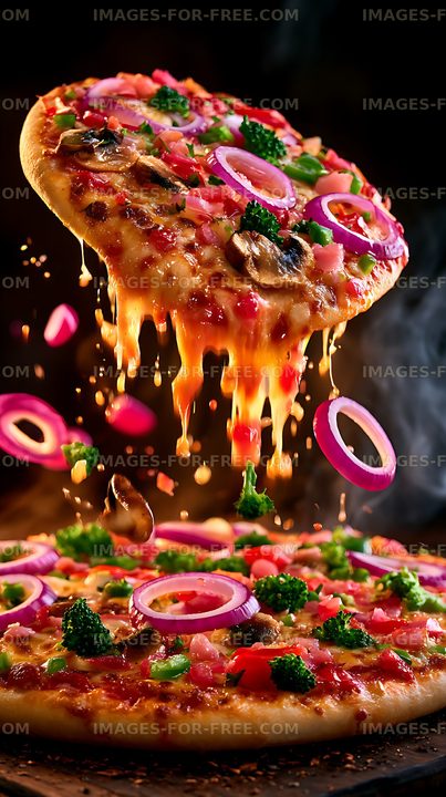 Cheese pizza with toppings being pulled from the pie
