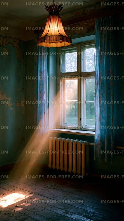 Light shining through a window in an old room with peeling walls