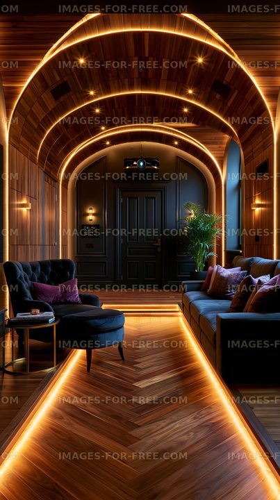 Modern living room with mood lighting and wooden accents