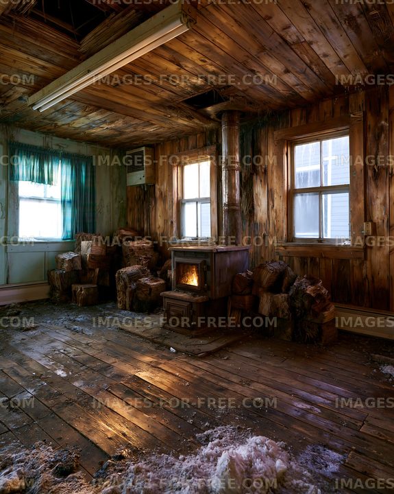 Abandoned room with wood stove and old furniture in a rustic setting