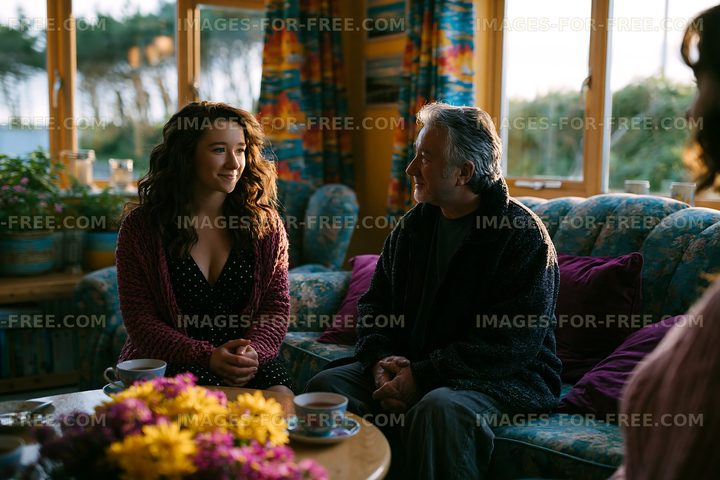 People sitting in living room with sunlight and flowers
