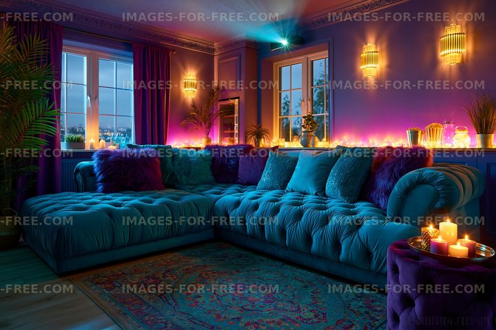 Cozy living room with colorful lighting and candles