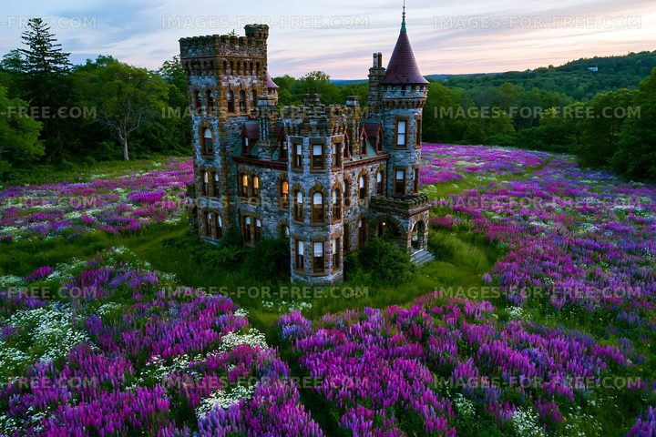 Castle surrounded by flowers during sunset in a rural area