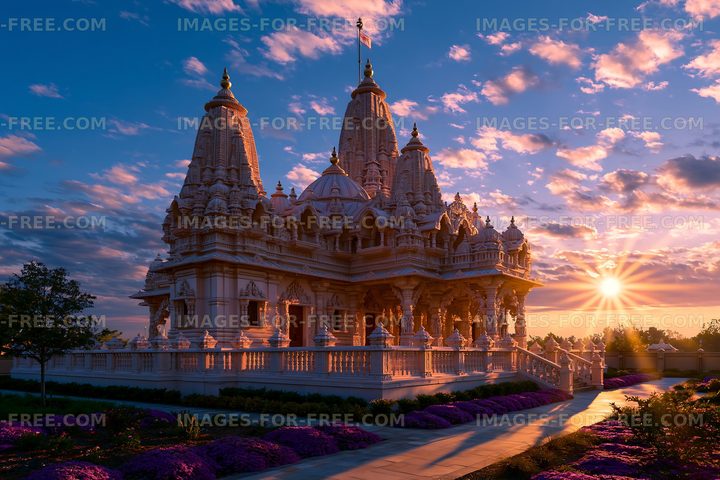 Beautiful temple seen during sunset with colorful sky and flowers