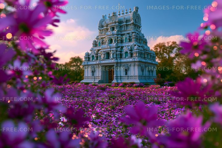 Temple surrounded by vibrant flowers at sunset in a garden