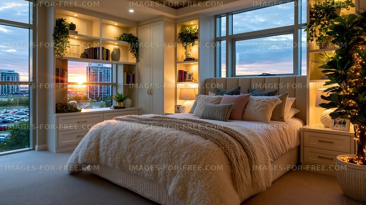 Cozy bedroom with soft lighting and a sunset view