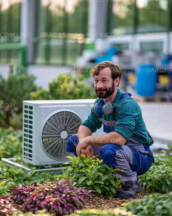 Man working in a garden with an air conditioning unit nearby
