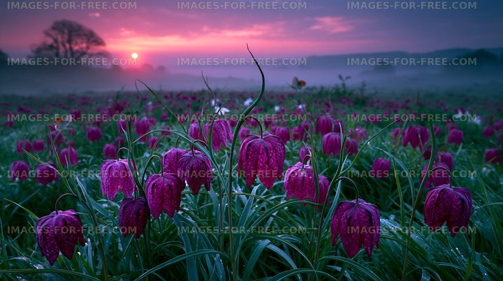 Purple flowers bloom in a field during sunrise in spring