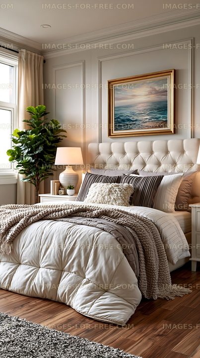Modern bedroom with cozy bedding and natural light