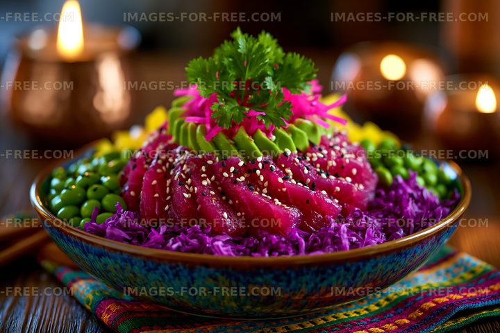 Colorful bowl of fresh seafood and vegetables on a wooden table