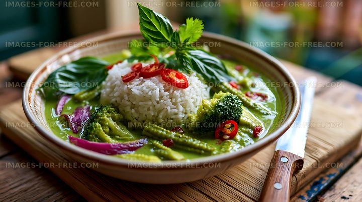 Delicious green curry with rice, vegetables, and herbs in bowl