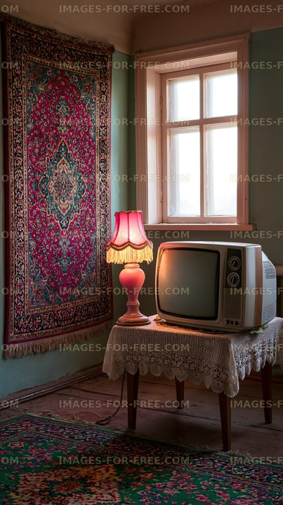 Living room setup with vintage television and lamp by window
