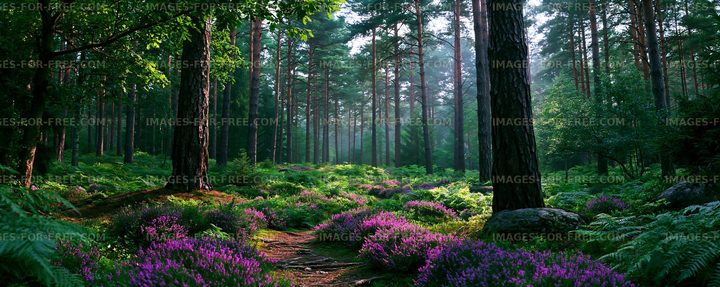Sunlight shining through trees in a forest filled with flowers