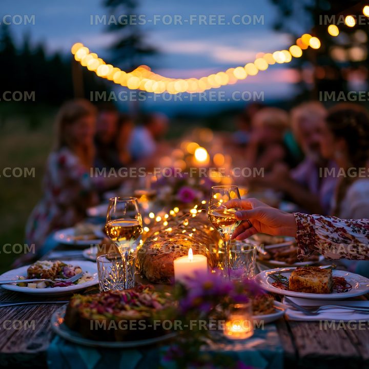 Outdoor dining event with people enjoying food at sunset