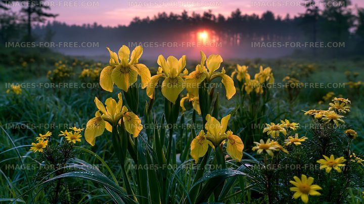 Sunrise over a field of yellow flowers by a forest