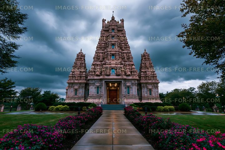Temple building in a garden under cloudy sky