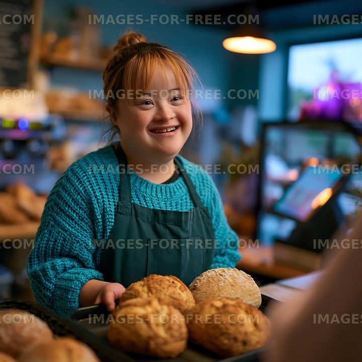 Young woman serving fresh bread in a bakery