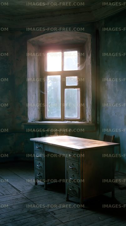 Abandoned room with a wooden desk and a window